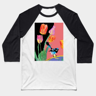 Abstract Blue Wren and Tulips Painting - on Multicoloured Black Pattern Baseball T-Shirt